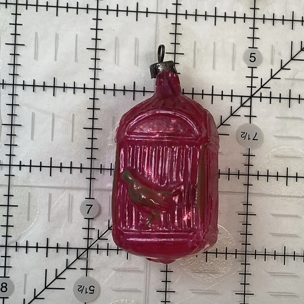 VTG Christmas Pink Bird Cage Glass Ornament‎ Tinsel Filled Germany